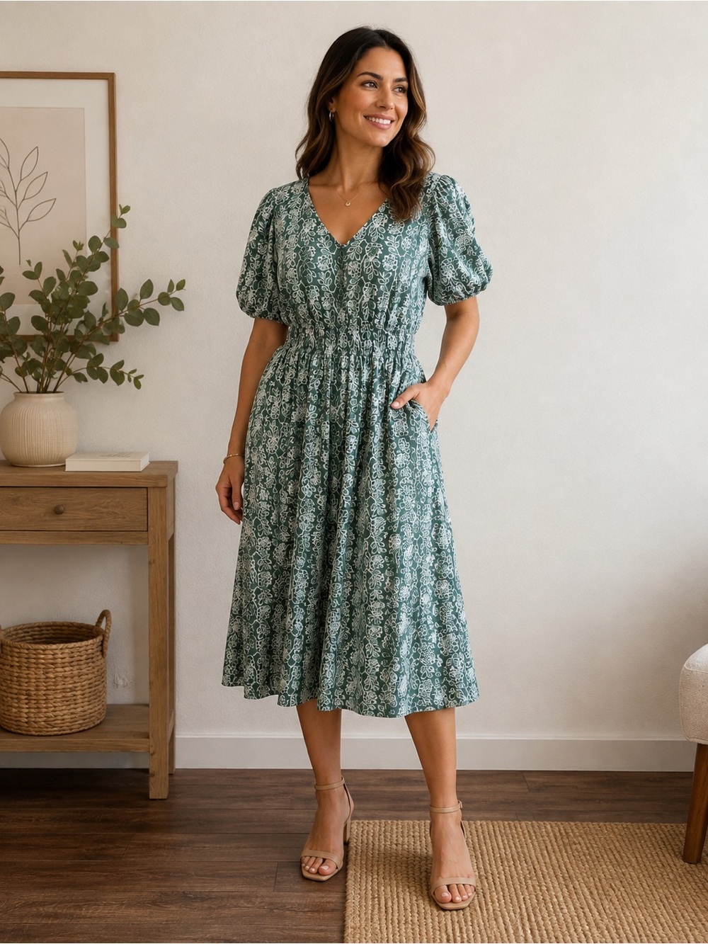 J Crew Womens Midi Dress Green & Ivory Floral Smocked Waist V Neck Size 12